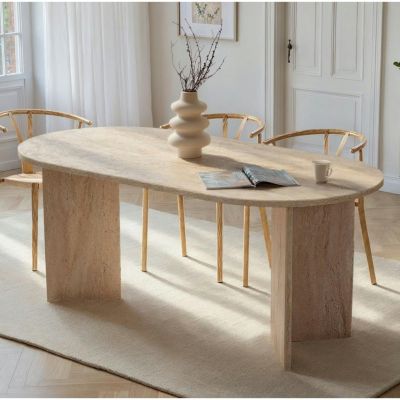 Table à manger moderne effet travertin pieds en V 180 cm MARFA