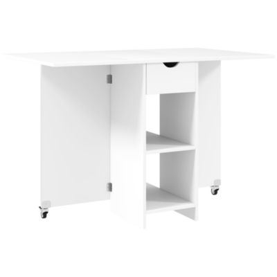 Table à manger pliante 114,5 cm blanche avec tiroir et étagères