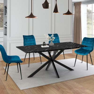 Table à manger rectangle ALIX 8 personnes pied araignée noir et plateau effet marbre noir ALASKA 160 cm