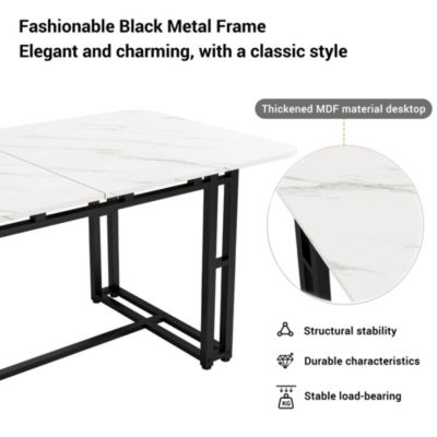 Table à Manger Rectangulaire, Plateau MDF Blanc et Pieds Métal Noir, design Moderne, 140x80x74 cm, Noir et Blanc