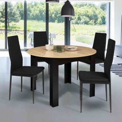 Table à Manger Ronde 4-6 Personnes Extensible Noir + Plateau Bois