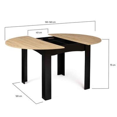 Table à Manger Ronde 4-6 Personnes Extensible Noir + Plateau Bois