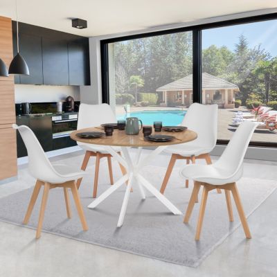 Table à manger ronde ALIX 6 personnes pied araignée bois et blanc 110 cm
