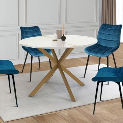 Table à manger ronde ALIX 6 personnes pied araignée laiton et plateau effet marbre doré ALASKA 110 cm