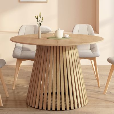 Table à manger ronde CARMEN 6 personnes pied bois en lattes et plateau bois 110 cm