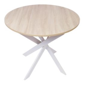 Table à manger ronde ZEN 90x90x77cm, jusqu'à 4 personnes, couleur chêne, Pieds métalliques blanc laqué mat