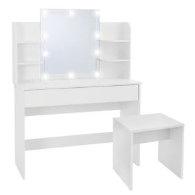 Table maquillage avec miroir et guirlande LED coiffeuse en MDF + tabouret blanc