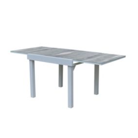 Table Modulo 4/8 personnes structure aluminium blanche, plateau en verre décors bois