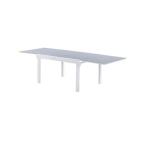 Table Modulo 6/10 personnes structure en aluminium blanche, plateau en verre coloris gris perle