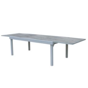 Table Modulo 8/12 personnes structure aluminium blanche, plateau en verre décors bois