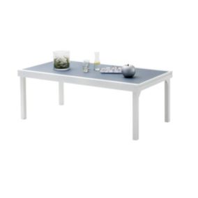 Table Modulo 8/12 personnes structure en aluminium blanche, plateau en verre coloris gris perle