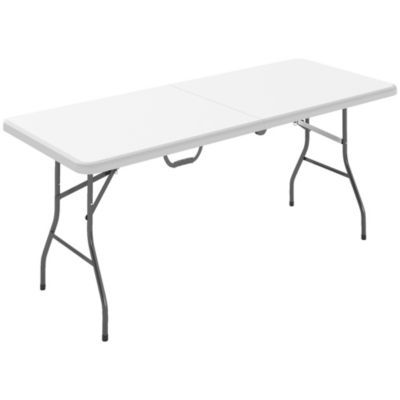 Table pliante de camping jardin dim. 180 x 74 x 74 cm avec poignée métal époxy gris HDPE blanc