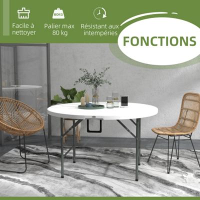 Table pliante table de camping pliable table de jardin dia. 122 x 73H cm poignée acier époxy HDPE blanc