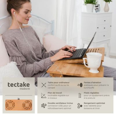 Table pour ordinateur portable, table de lit en bambou, pliable et réglable en hauteur marron