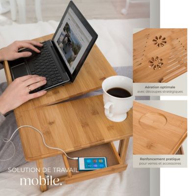 Table pour ordinateur portable, table de lit en bambou, pliable et réglable en hauteur marron