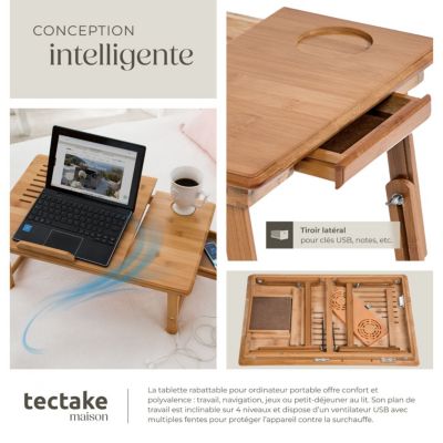 Table pour ordinateur portable, table de lit en bambou, pliable et réglable en hauteur marron