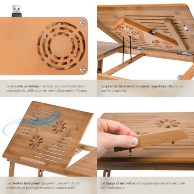 Table pour ordinateur portable, table de lit en bambou, pliable et réglable en hauteur marron