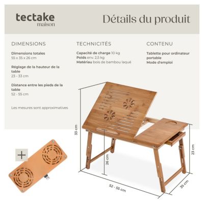 Table pour ordinateur portable, table de lit en bambou, pliable et réglable en hauteur marron