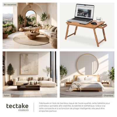 Table pour ordinateur portable, table de lit en bambou, pliable et réglable en hauteur marron
