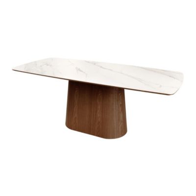 Table rectangulaire LUMEA  200 cm  Plateau céramique effet marbre blanc et pied plaqué noyer  Style contemporain