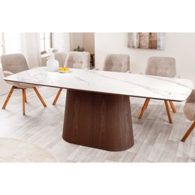 Table rectangulaire LUMEA  200 cm  Plateau céramique effet marbre blanc et pied plaqué noyer  Style contemporain
