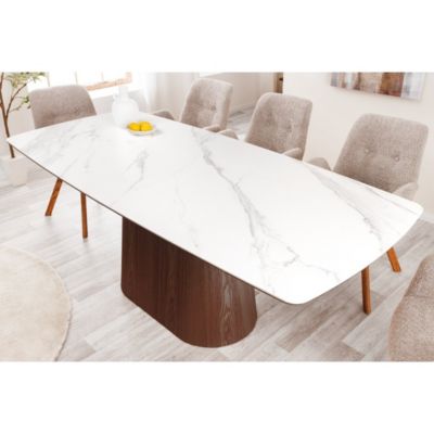 Table rectangulaire LUMEA  200 cm  Plateau céramique effet marbre blanc et pied plaqué noyer  Style contemporain