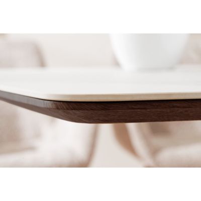 Table rectangulaire LUMEA  200 cm  Plateau céramique effet marbre blanc et pied plaqué noyer  Style contemporain