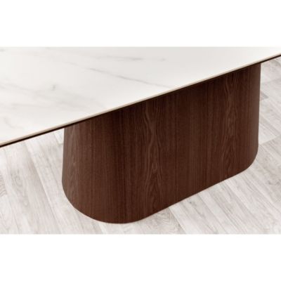 Table rectangulaire LUMEA  200 cm  Plateau céramique effet marbre blanc et pied plaqué noyer  Style contemporain