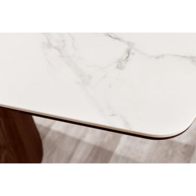 Table rectangulaire LUMEA  200 cm  Plateau céramique effet marbre blanc et pied plaqué noyer  Style contemporain