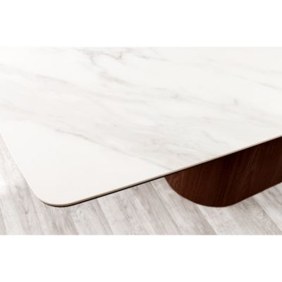 Table rectangulaire LUMEA  200 cm  Plateau céramique effet marbre blanc et pied plaqué noyer  Style contemporain