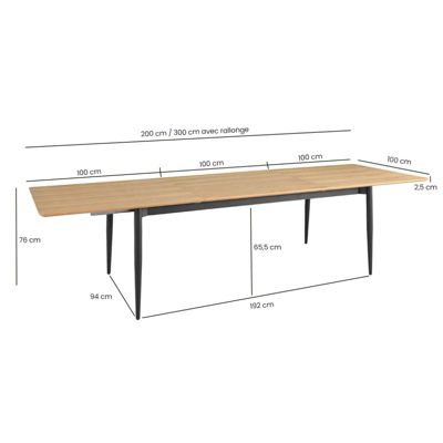 Table repas extensible 200-300 cm placage bois et pieds métal - JOLENE