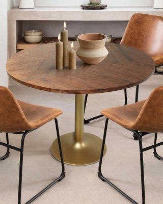 Table repas ronde en bois massif et pied tulipe doré D110 cm 6 pers - Uniqka