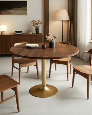 Table repas ronde en bois massif et pied tulipe doré D110 cm 6 pers - Uniqka