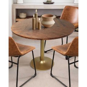 Table repas ronde en bois massif et pied tulipe doré D110 cm 6 pers - Uniqka