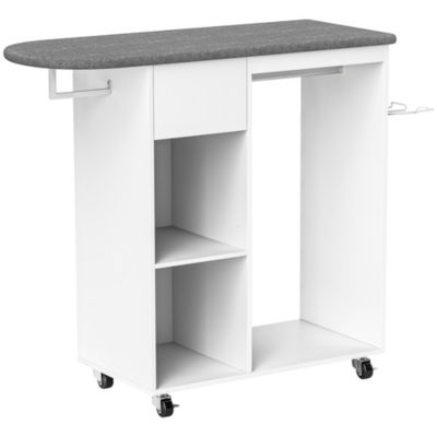 Table à repasser sur roulettes - 2 tringles, 2 niches, tiroir, support fer - toile planche incluse blanc gris