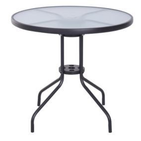 Table ronde bistro de jardin dia. 80 x 72H cm espace installation parasol acier époxy noir plateau verre trempé