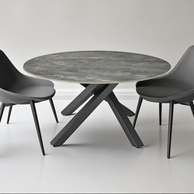 Table ronde D.150 cm céramique gris marbré et pieds métal noir - RUBY