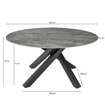 Table ronde D.150 cm céramique gris marbré et pieds métal noir - RUBY