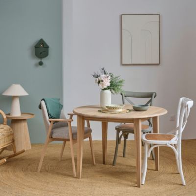 Table ronde extensible chêne blanchi 4/6 places D115 pieds fuseau ...
