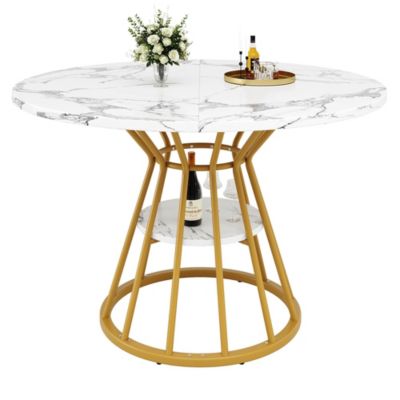 Table Ronde À Manger, Pieds Métal, Motif Marbré Or/Noir, 1 Pièce