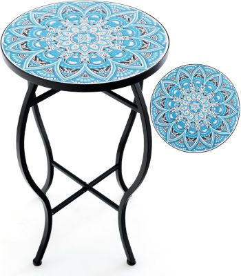 Table Support pour Plantes en Mosaïque, avec Plateau en Carreaux, Cadre en Métal, 30X30X50 CM, Bleu+Noir