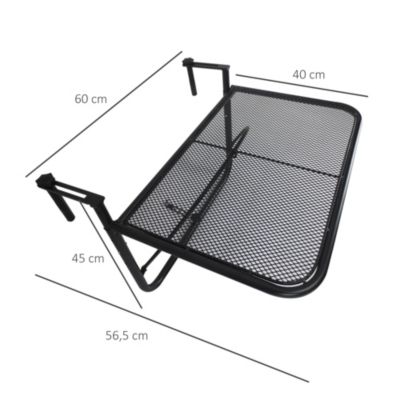 Table suspendue pour balcon dim. 60L x 56,5l cm hauteur réglable 3 niveaux métal époxy noir