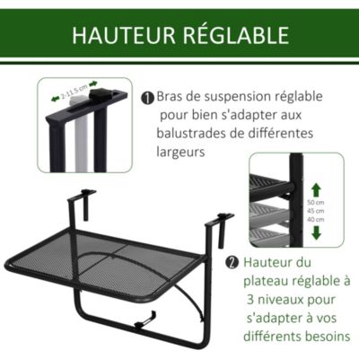 Table suspendue pour balcon dim. 60L x 56,5l cm hauteur réglable 3 niveaux métal époxy noir