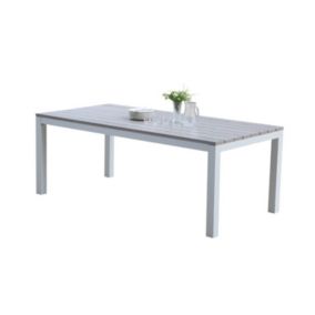 Table Tampa fixe 8 personnes structure aluminium blanche, plateau en aluminium décors bois gris