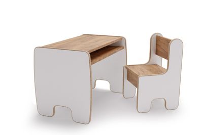 Table Timi enfant + chaise MDF couleur blanc / chêne artisanat or