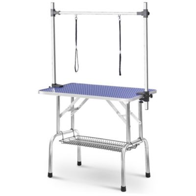 Table toilettage chien pro 117cm - robuste, portable, plateaux filet, BLEU