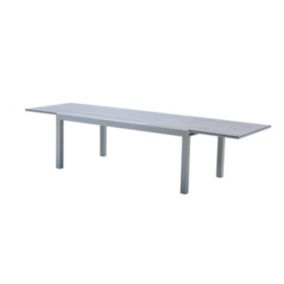 Table Tulum 8/12 personnes structure blanche, plateau en aluminium décors bois gris