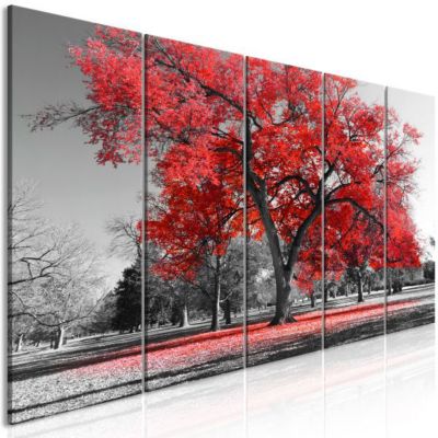Tableau Autumn in the Park (5 Parts) Narrow Red 200x80 cm