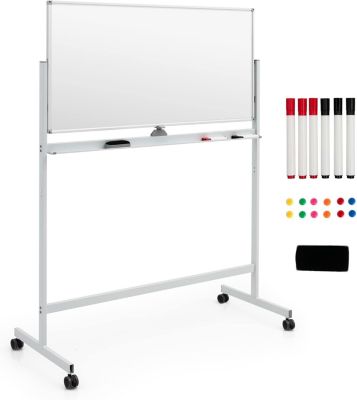 Tableau Blanc Magnetique Rotatif,Hauteur Reglable sur 2 Positions avec 4 Roues,120 x 60 CM, pour Ecole (Blanc)