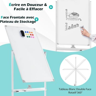 Tableau Blanc Magnétique Sur Pied Mobile – 90x60 Cm, Réglable En Hauteur, Double Face – Avec Roulettes Et Accessoires